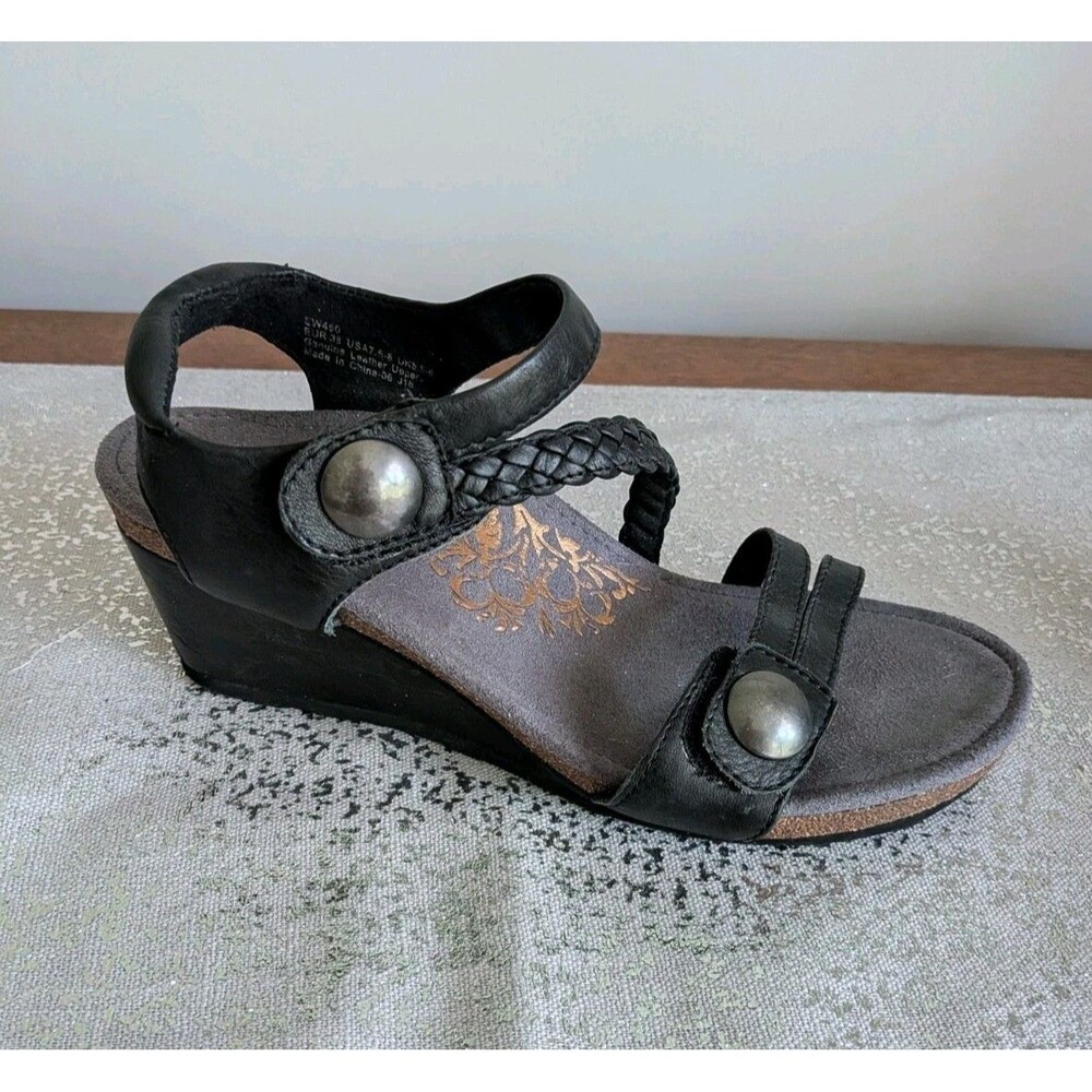 Aetrex Sandals Womens EU 38 US 7.5/8 Black Leather Naya Arch Support Wedge Heels